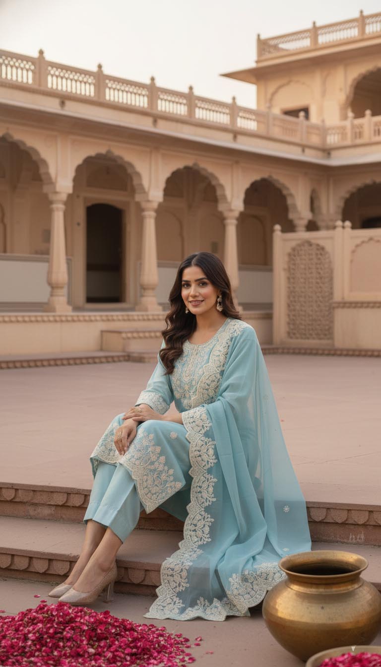 Elegant  Aqua  Embroidered Kurta with pant and Dupatta