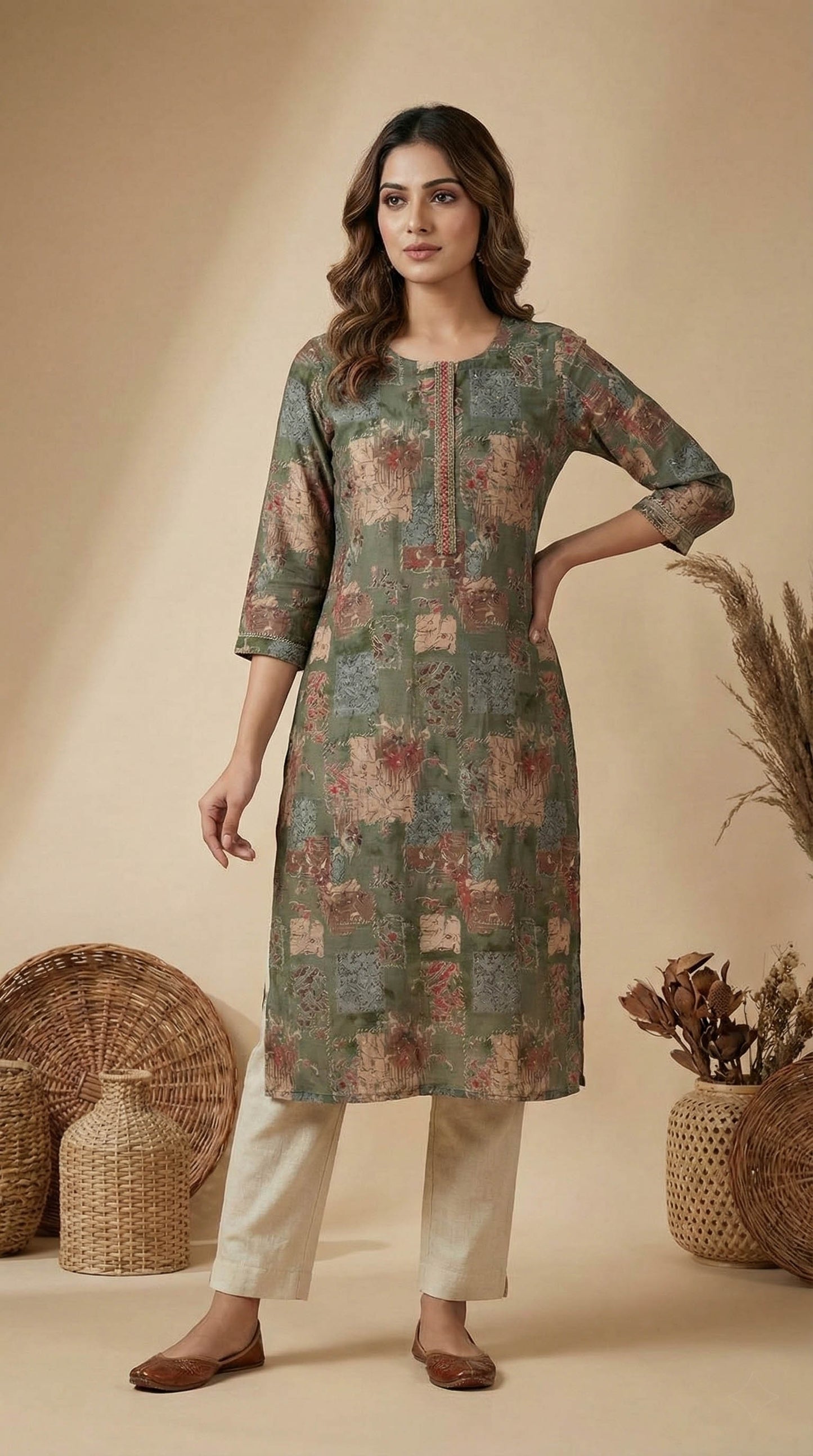 Green Chanderi Silk Straight Fit Kurta