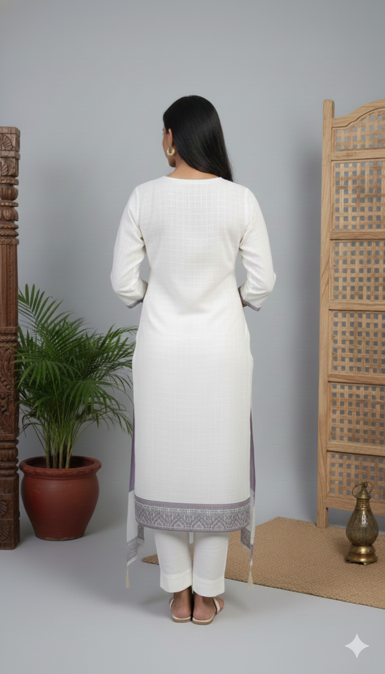 Elegant White & Lavender Floral Printed Kurta Set