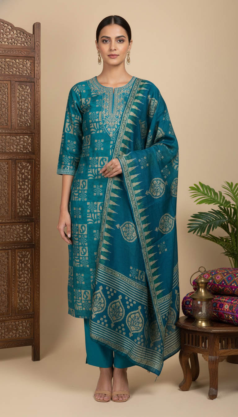 Turquoise Chanderi Kurta Set with Dupatta