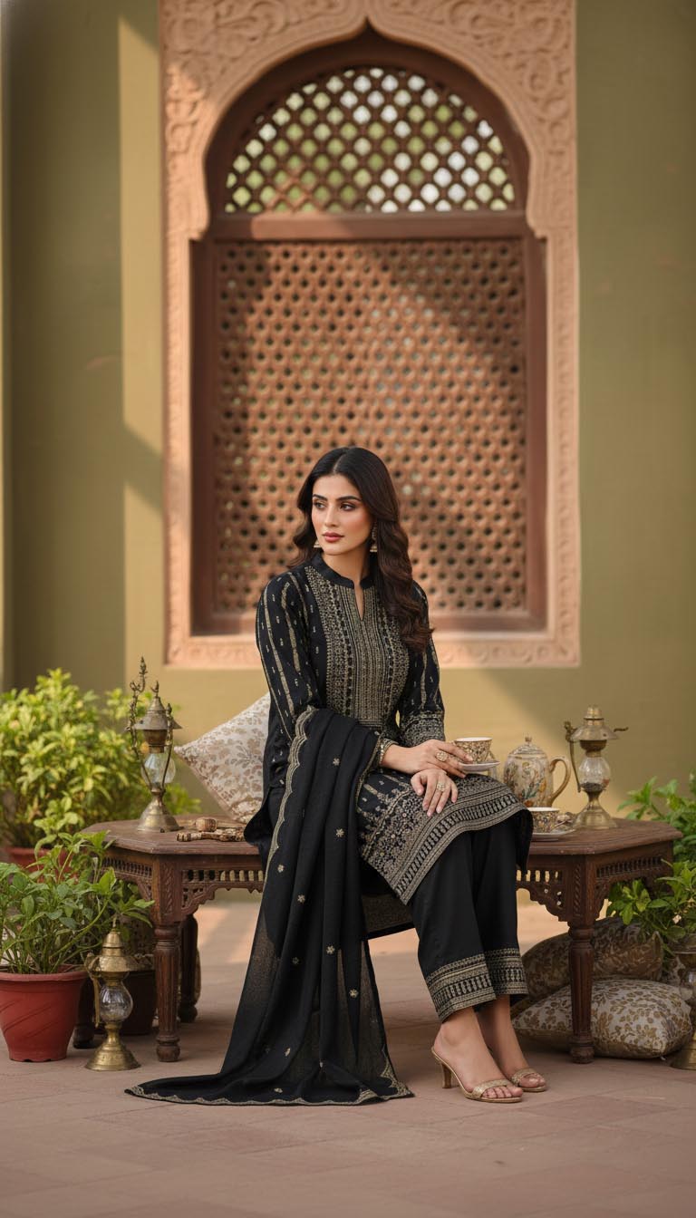 Luxury Black Velvet Foil Print Kurta Set with Dupatta