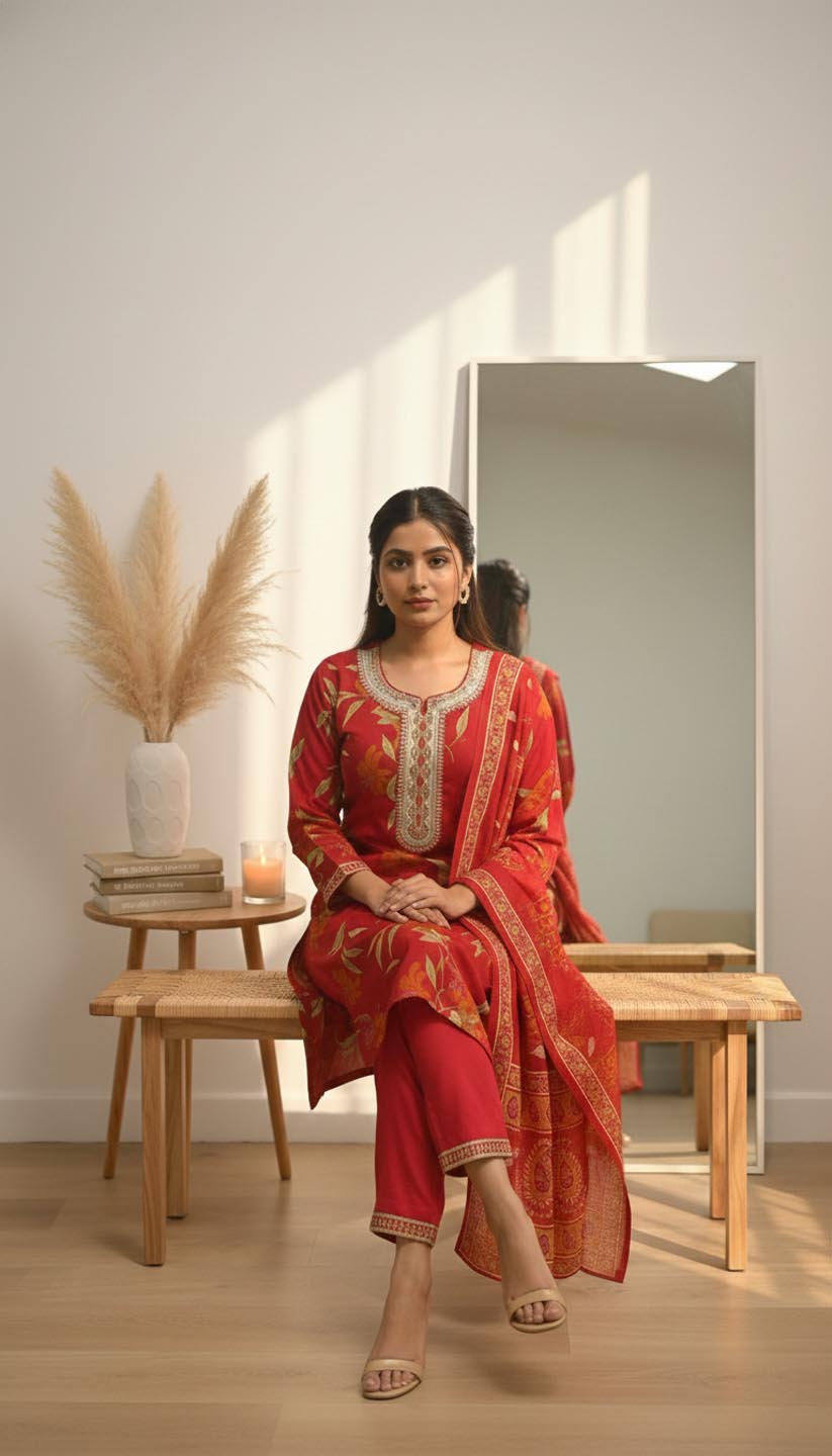 Elegant Floral Embroidered Kurta Set with Dupatta