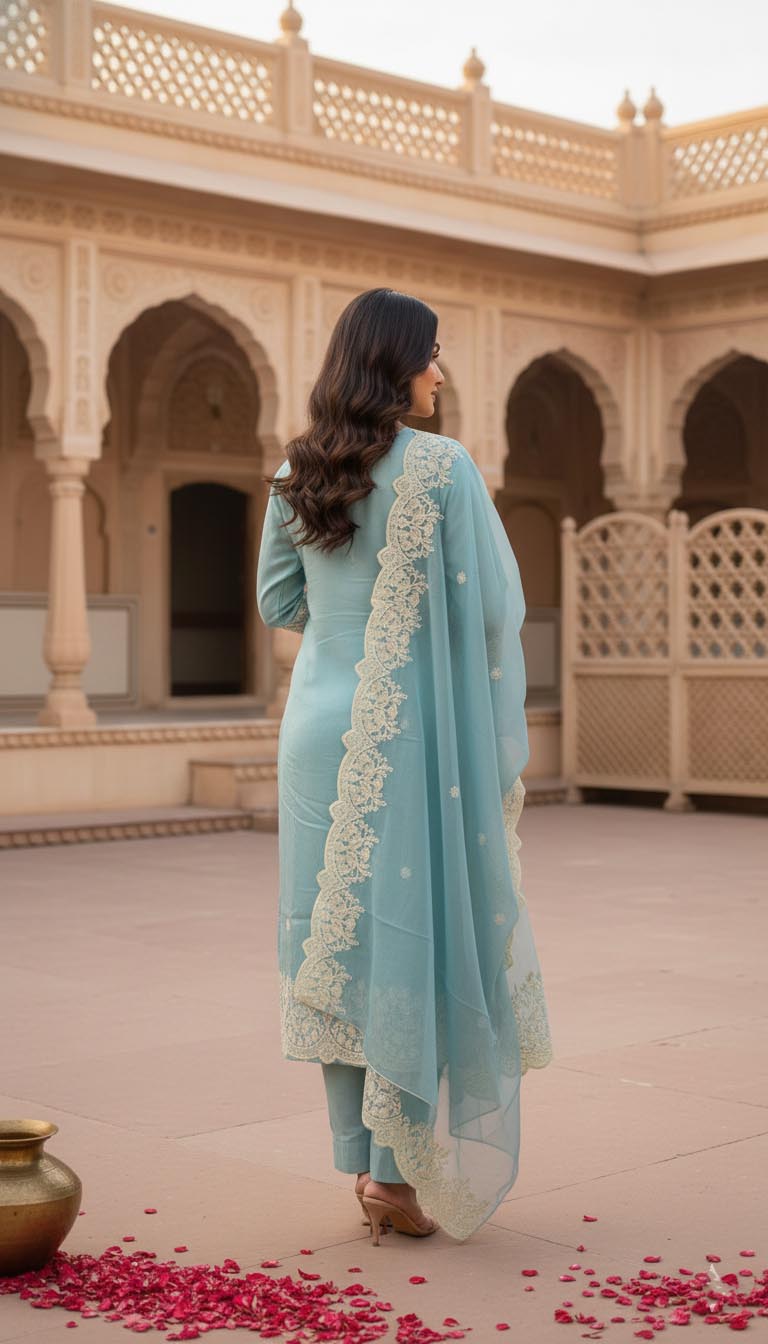 Elegant  Aqua  Embroidered Kurta with pant and Dupatta