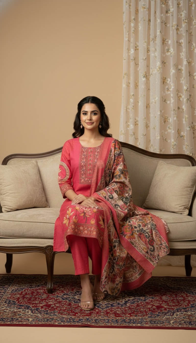 Pink Muslin Kurta Set with Hand Work & Printed Dupatta