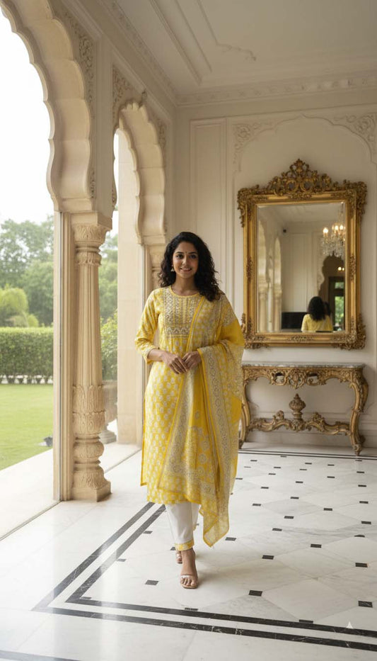 Sunshine Yellow Printed Straight Kurta Set with Dupatta