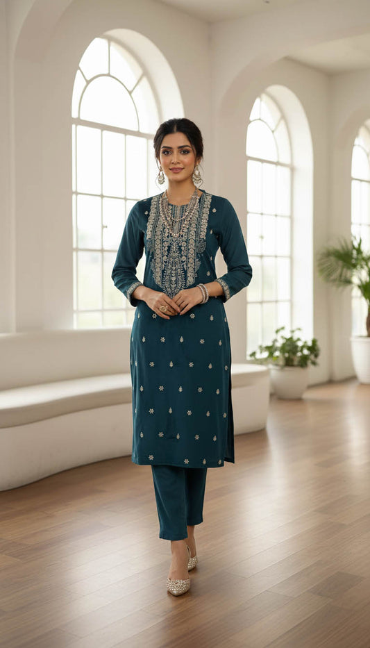 Premium Teal Velvet Embroidered Kurta Set