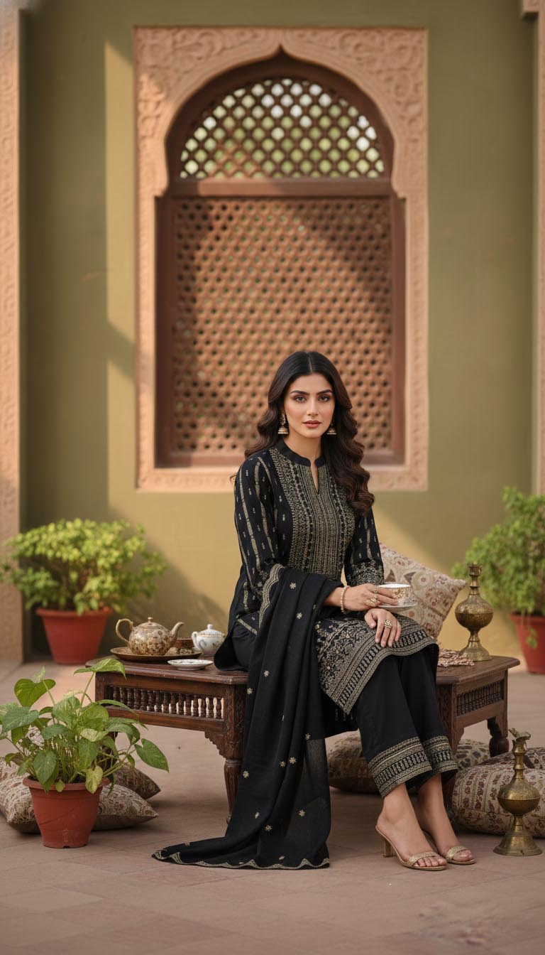Luxury Black Velvet Foil Print Kurta Set with Dupatta