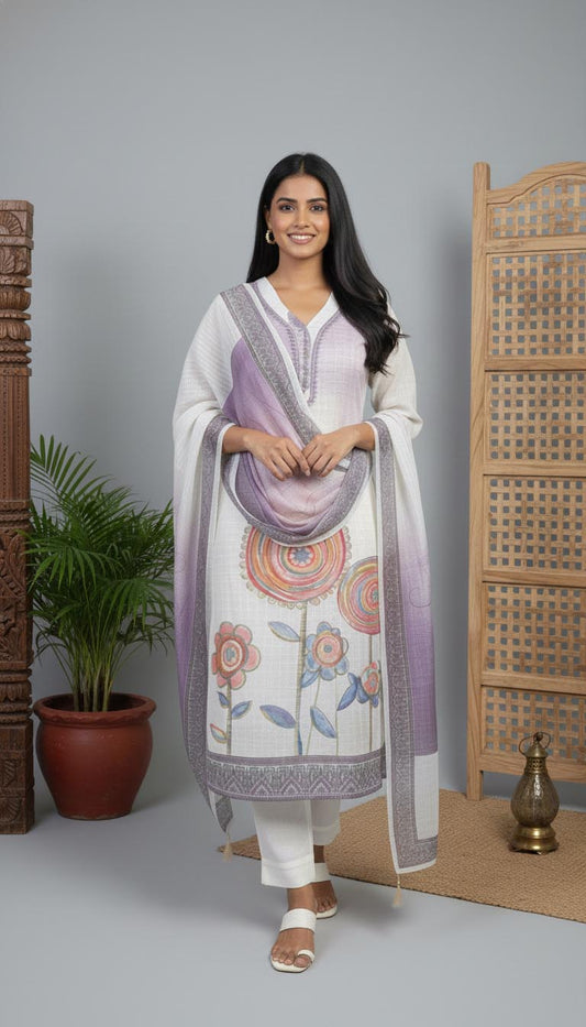 Elegant White & Lavender Floral Printed Kurta Set
