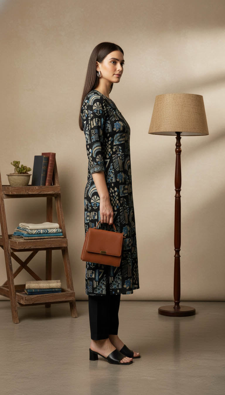 Printed Straight Kurta – Black & Blue Abstract Motif