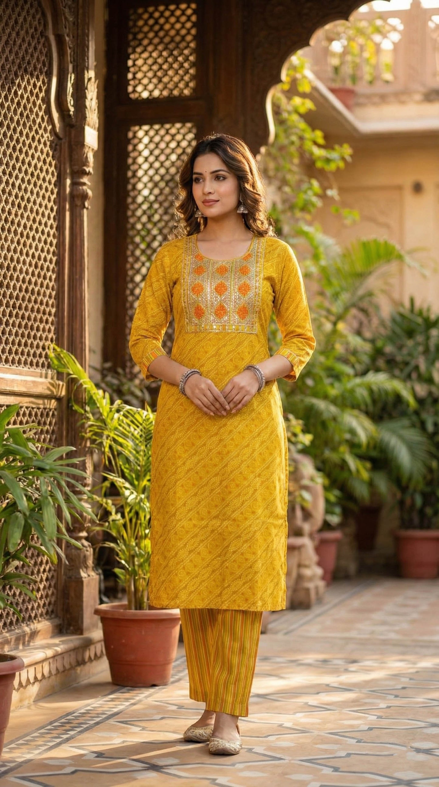 Yellow Viscose Blend Kurta with pant