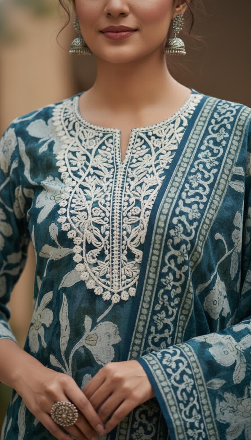 Elegant Teal & White Floral Printed Cotton Suit Set