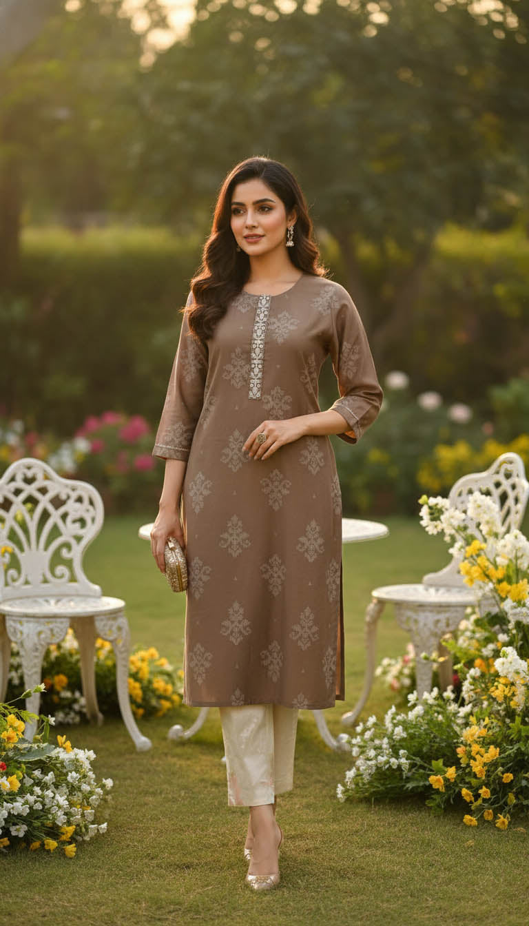 Brown printed straight fit kurta