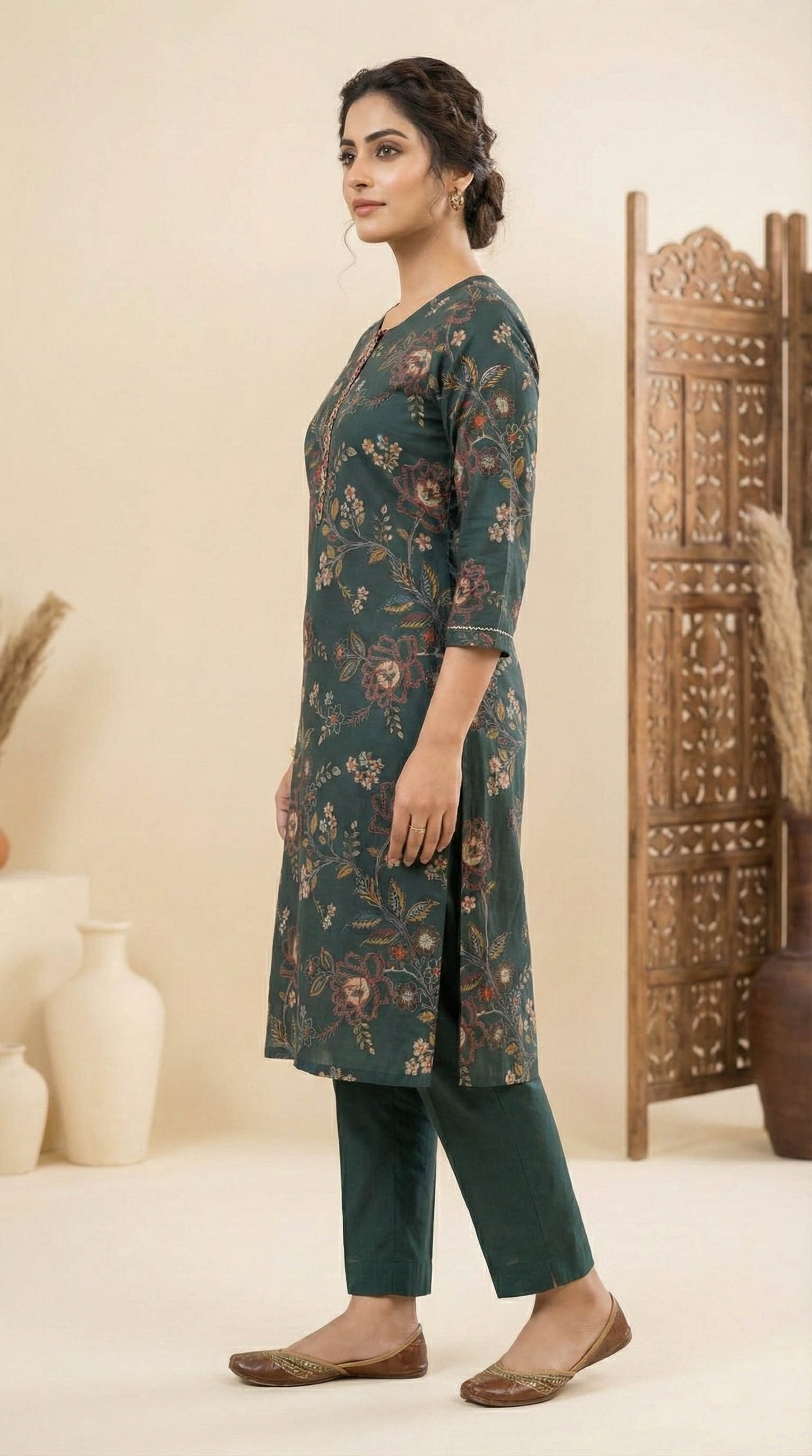 Teal Blue Floral Casual Kurta With Pant