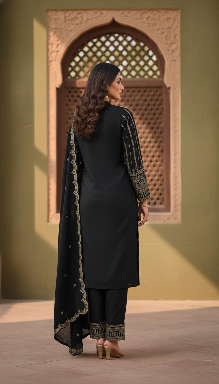 Luxury Black Velvet Foil Print Kurta Set with Dupatta