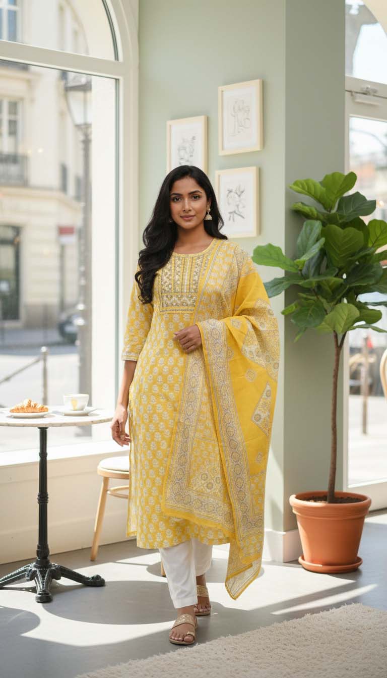 Sunshine Yellow Printed Straight Kurta Set with Dupatta