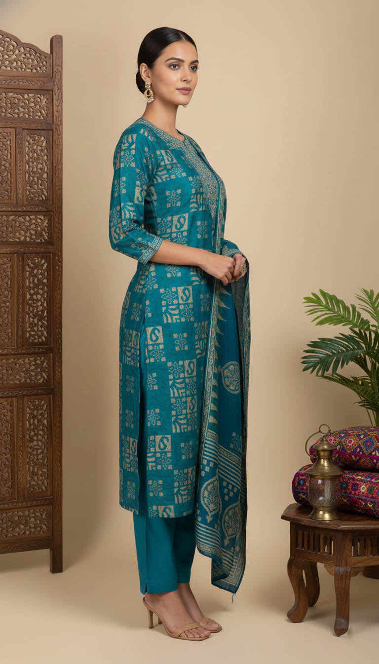 Turquoise Chanderi Kurta Set with Dupatta