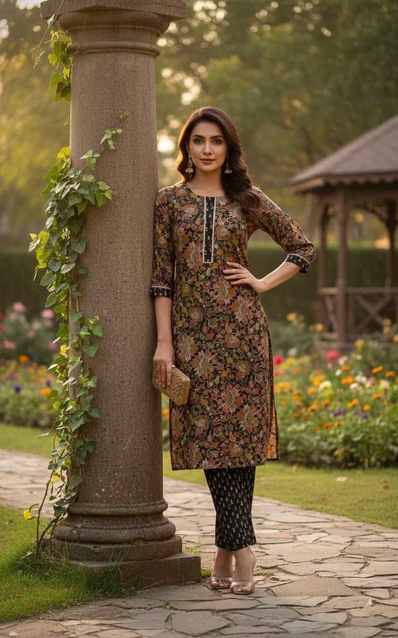 Elegant Black Floral Printed Straight Kurta Set