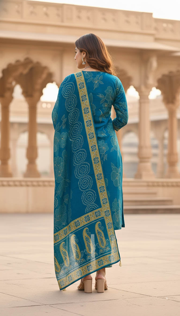 Turquoise Viscose Blend Kurta Set with Sequins Work