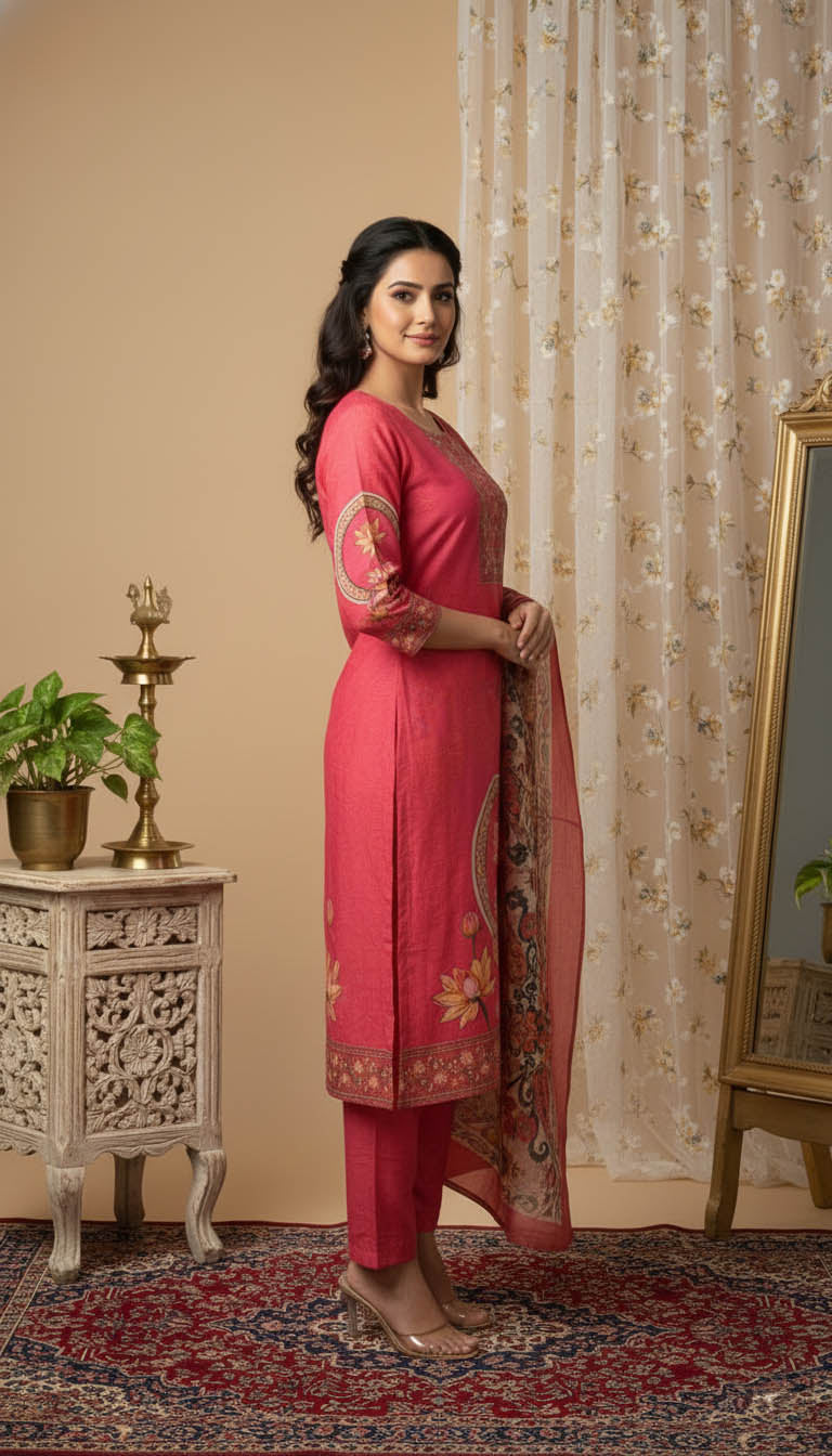 Pink Muslin Kurta Set with Hand Work & Printed Dupatta