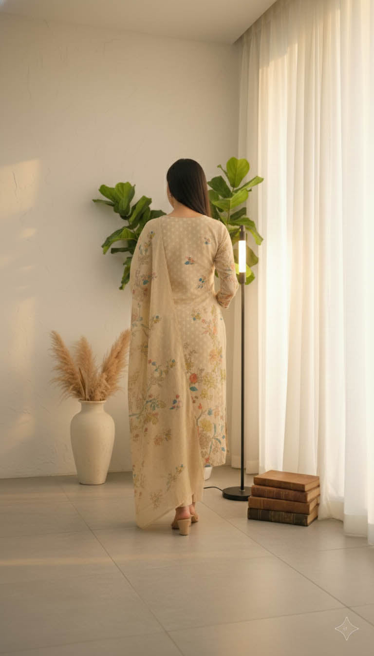Cream Chanderi Floral Print Kurta Set with Dupatta