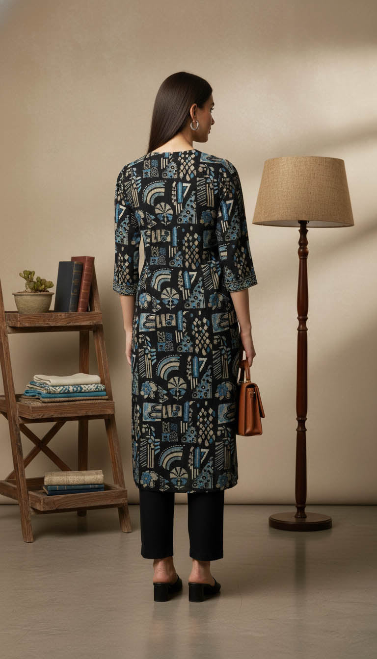 Printed Straight Kurta – Black & Blue Abstract Motif
