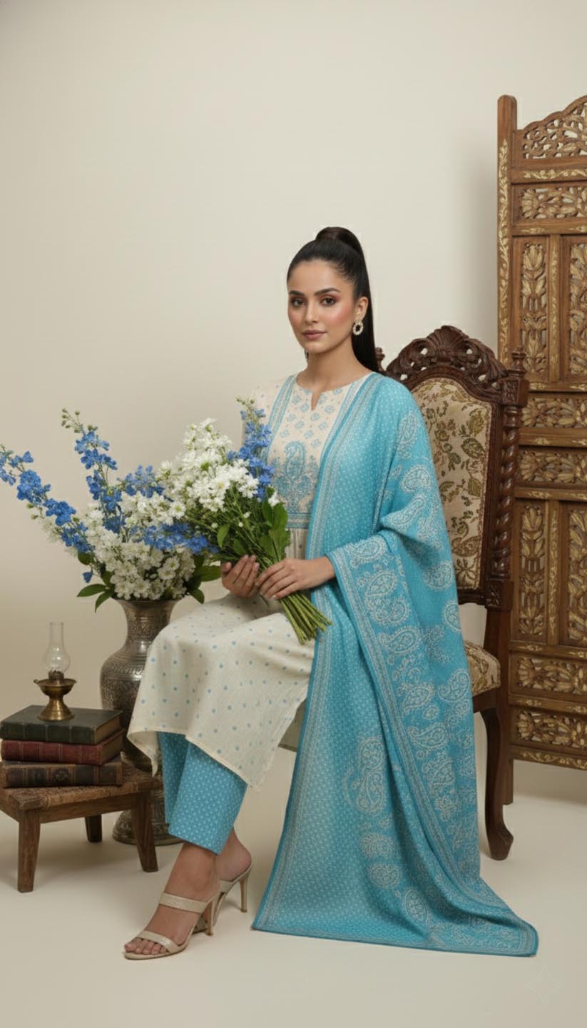 Elegant Cream & Sky Blue Embroidered Printed Cotton kurta  Set
