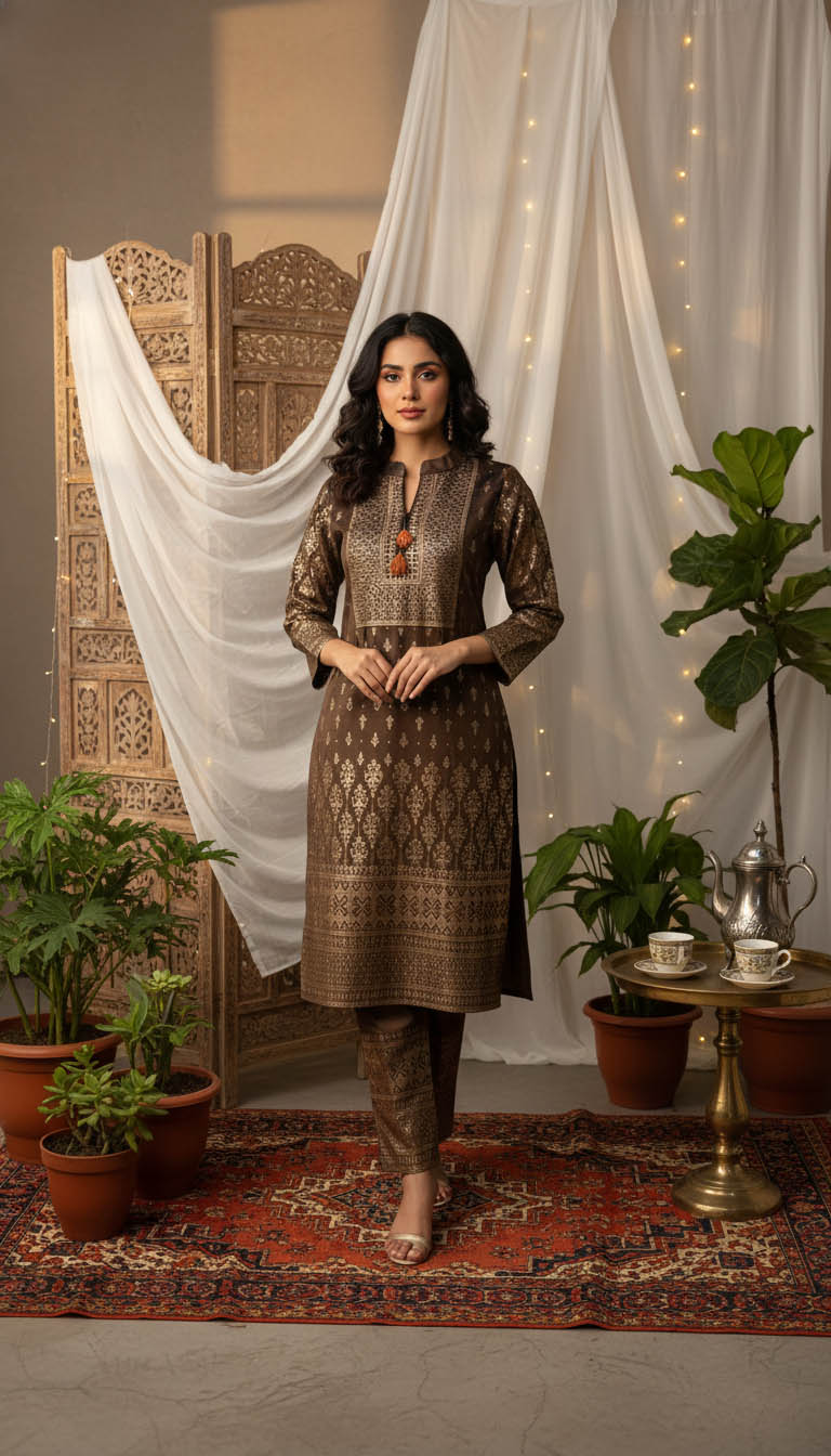 Elegant Brown Velvet Kurta Set  with Foil Print Detailing