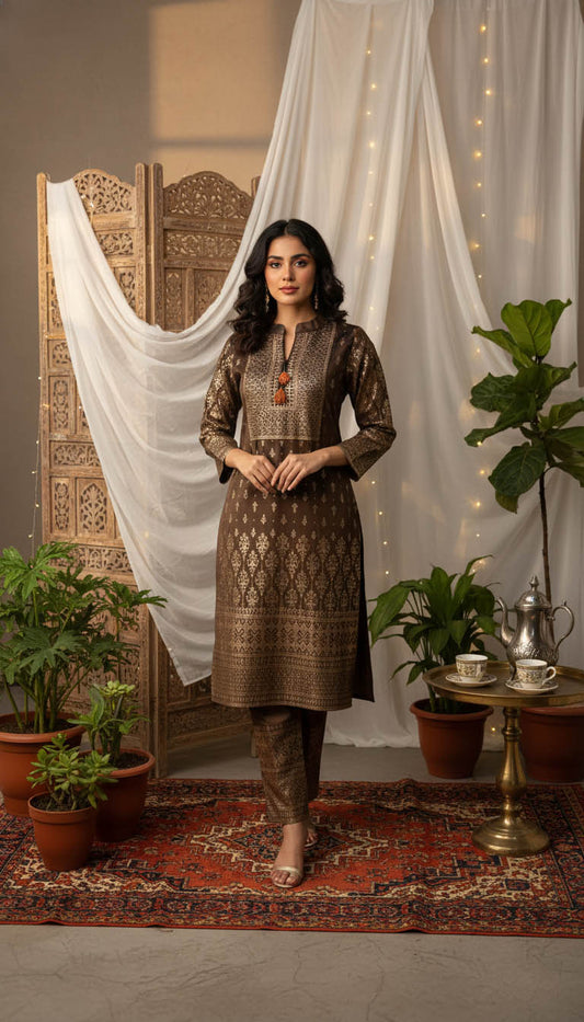 Elegant Brown Velvet Kurta Set  with Foil Print Detailing