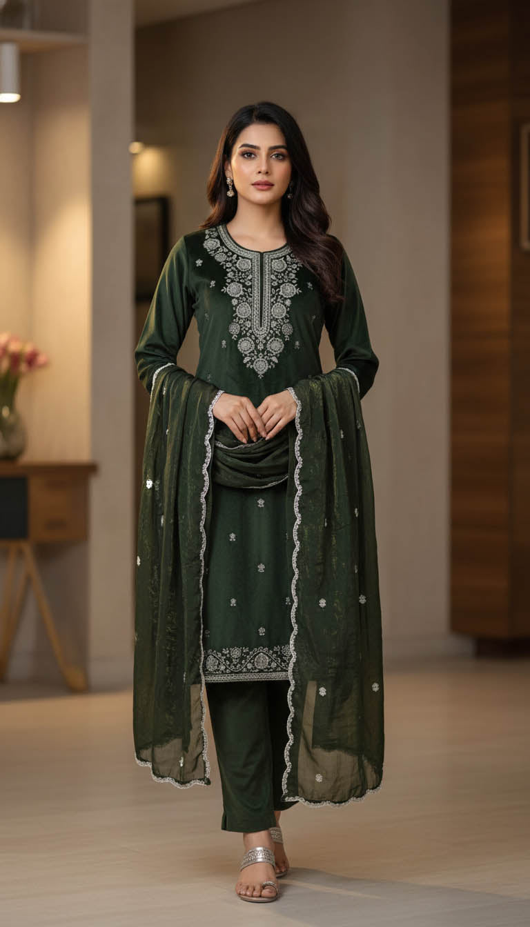 Premium Green Velvet Embroidered Kurta Set with Dupatta.