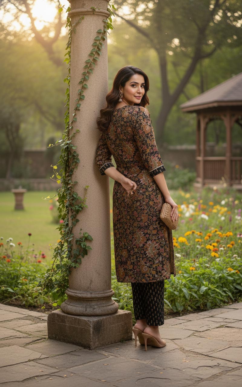 Elegant Black Floral Printed Straight Kurta Set