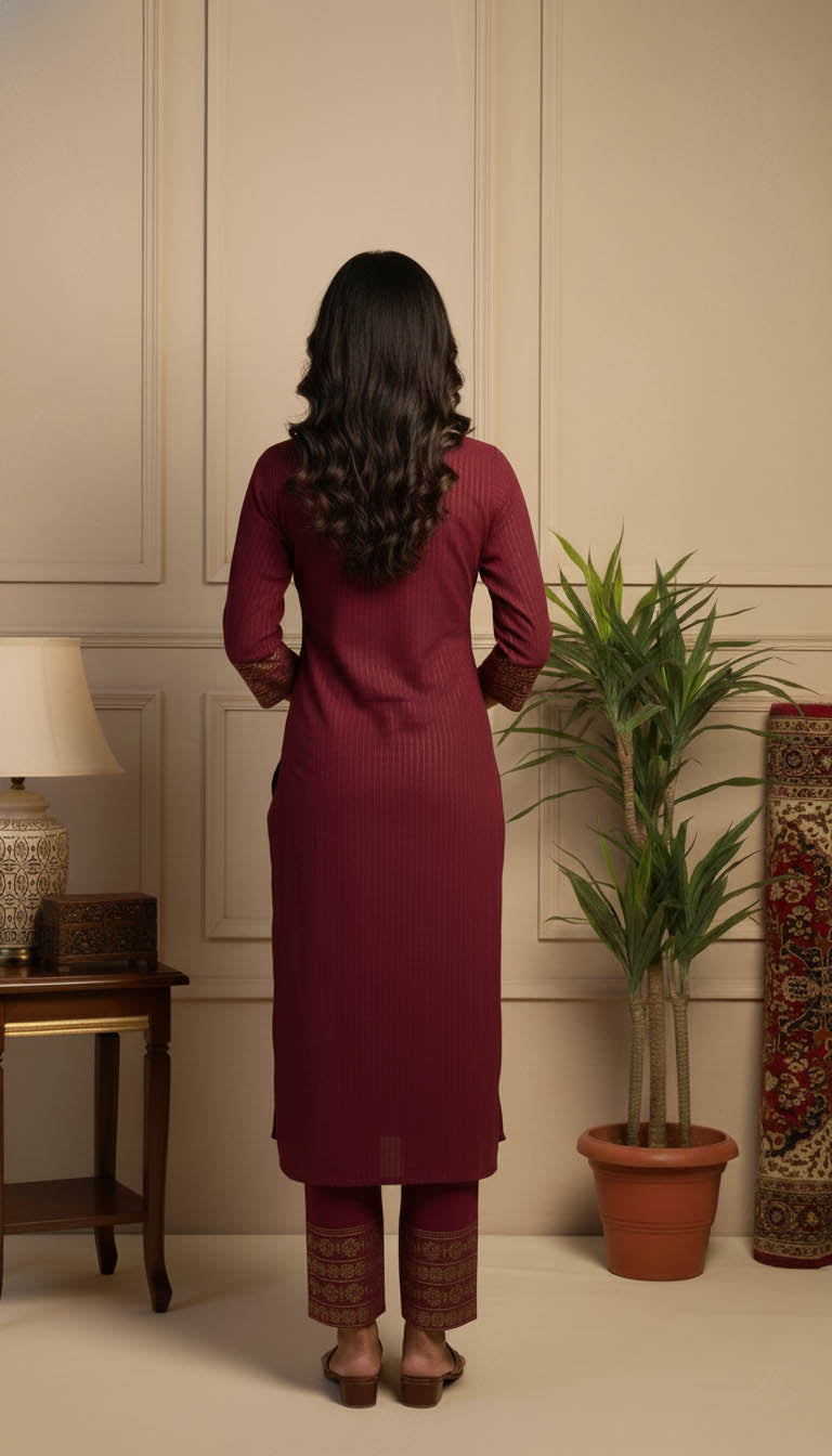 Royal Maroon Velvet Kurta Set with Gold Foil Print