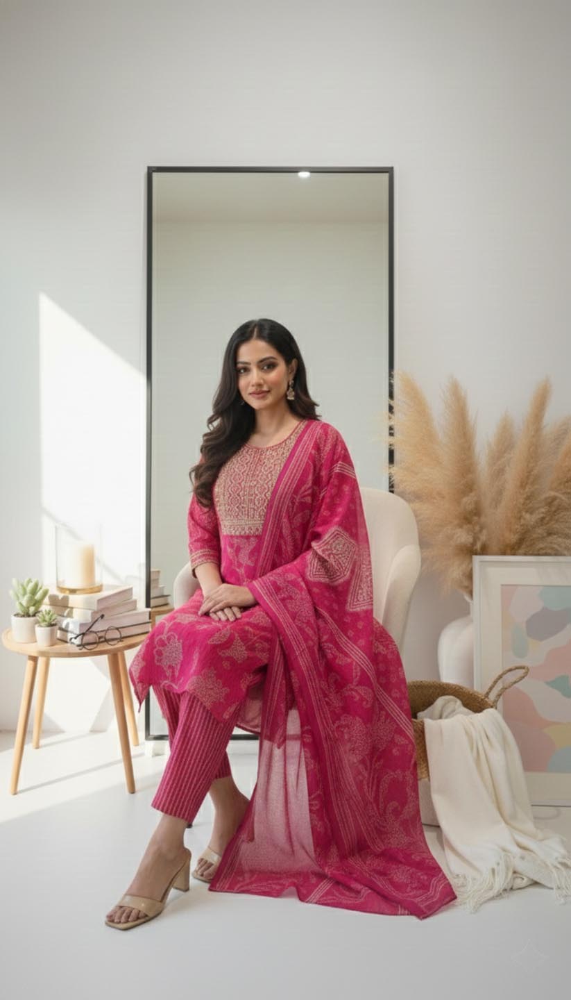 Fuchsia Pink Embroidered Kurta Set with Dupatta.