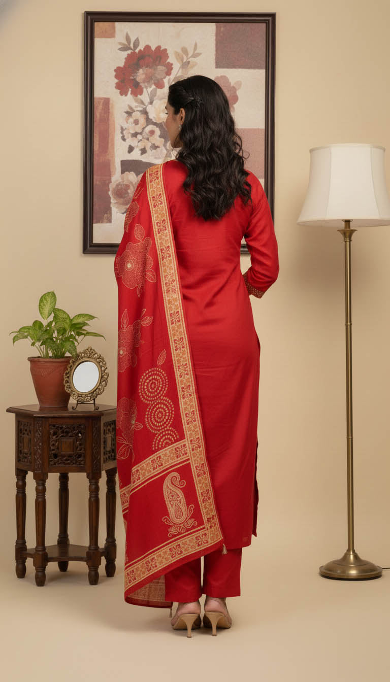 Elegant Printed Red Viscose Blend Kurta Set