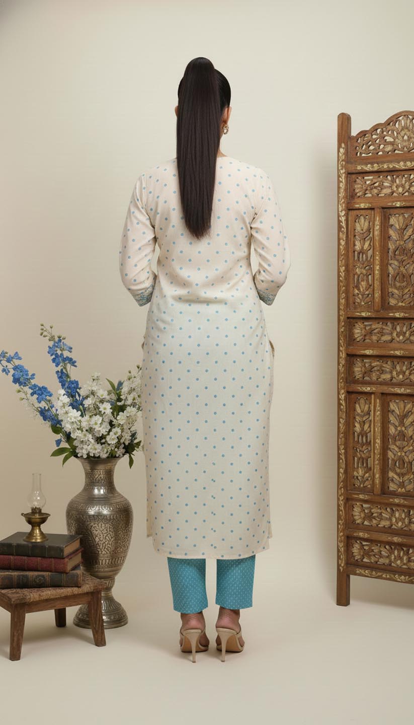 Elegant Cream & Sky Blue Embroidered Printed Cotton kurta  Set