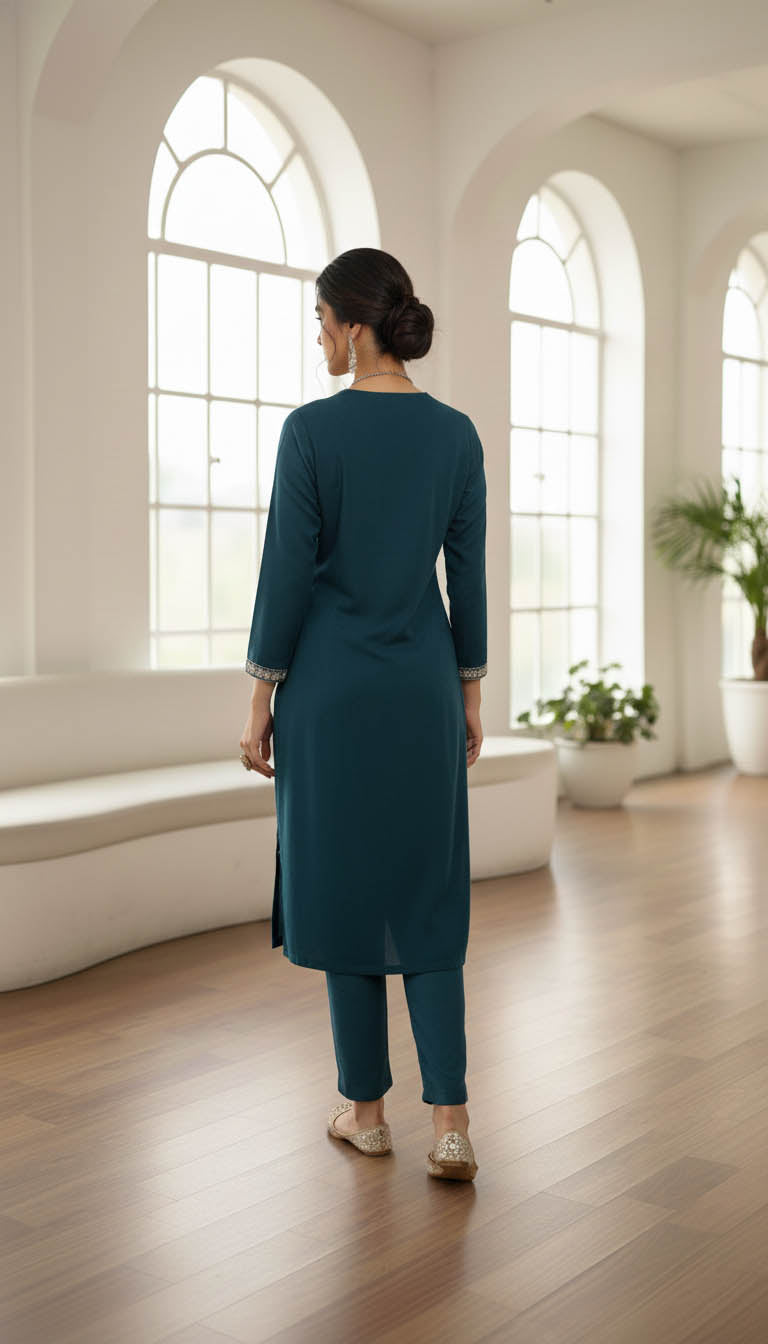 Premium Teal Velvet Embroidered Kurta Set