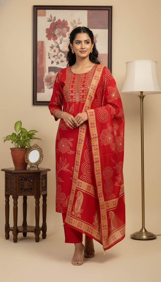 Elegant Printed Red Viscose Blend Kurta Set