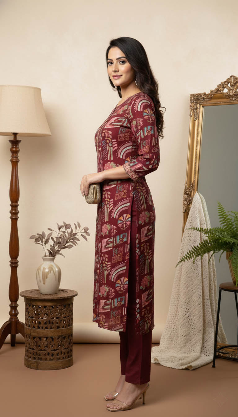Maroon Floral Viscose Blend Printed Kurta