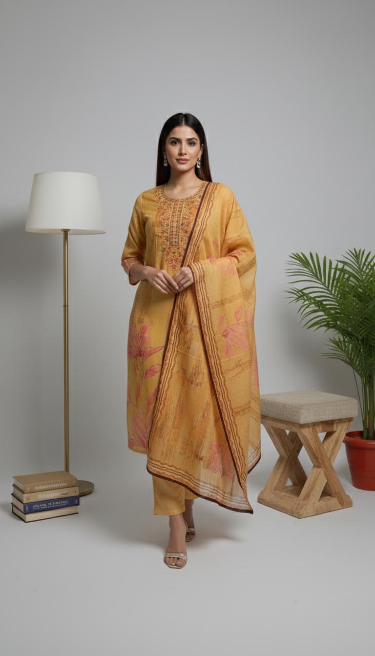 Mustard Floral Printed Cotton Kurta Set