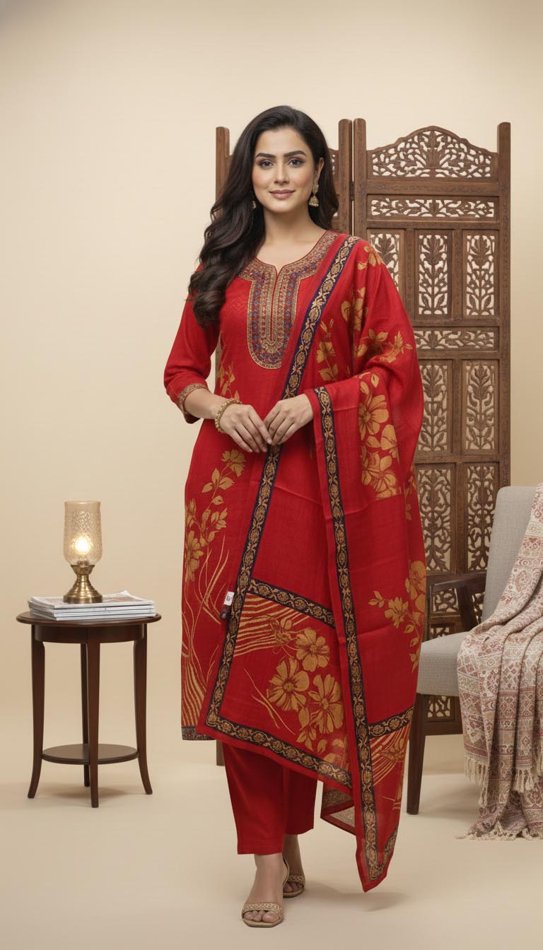 Elegance with a Royal Touch Red Floral Printed Ethnic Suit Set