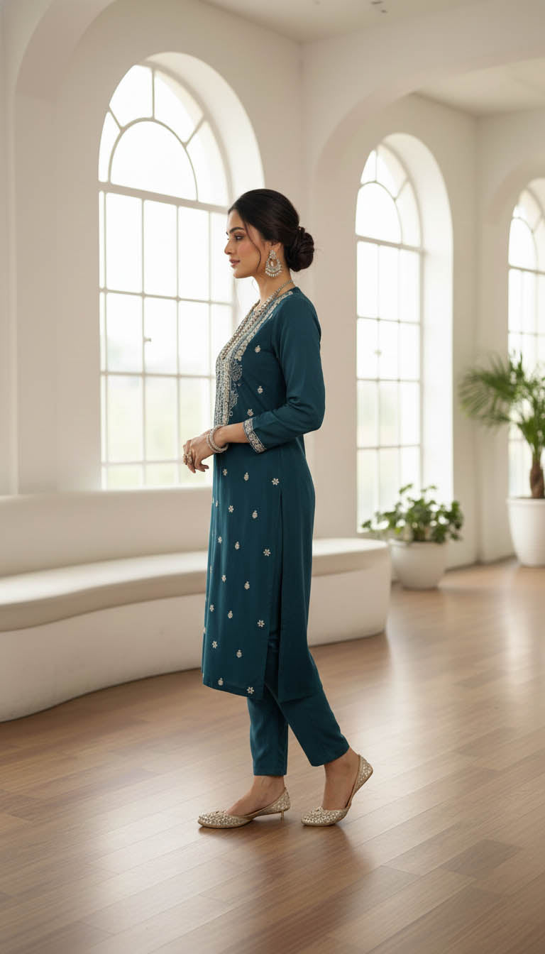 Premium Teal Velvet Embroidered Kurta Set