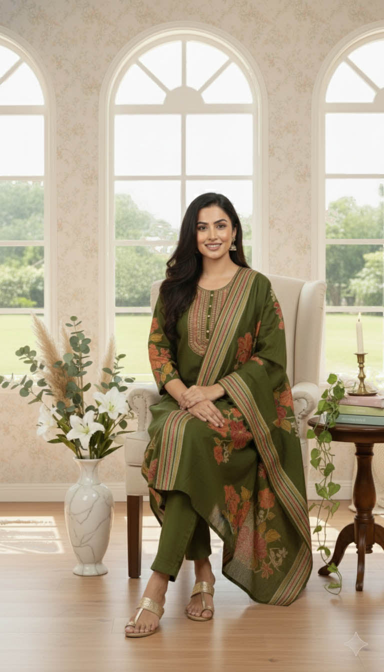 Olive Green Embroidered Viscose Berlin  Kurta Set with Dupatta