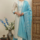 Elegant Cream & Sky Blue Embroidered Printed Cotton kurta  Set