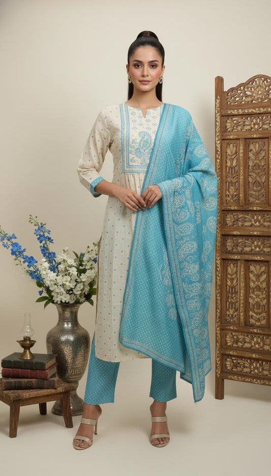 Elegant Cream & Sky Blue Embroidered Printed Cotton kurta  Set
