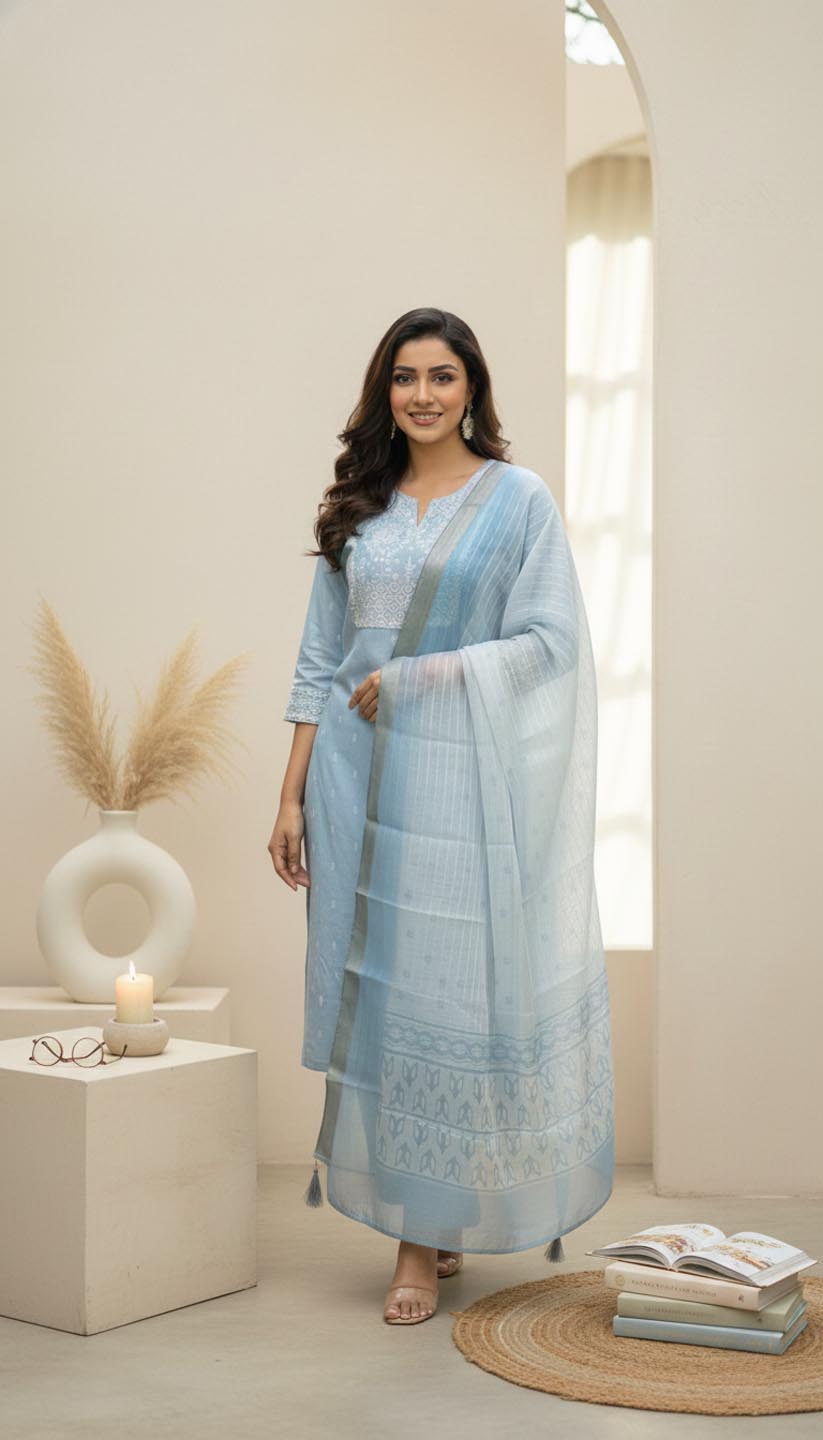 Elegant Blue Embroidered Kurta Set with Dupatta