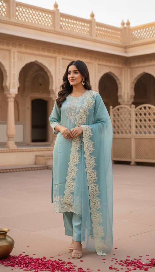 Elegant  Aqua  Embroidered Kurta with pant and Dupatta