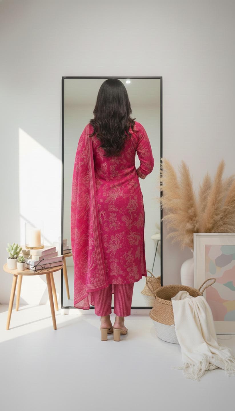 Fuchsia Pink Embroidered Kurta Set with Dupatta.