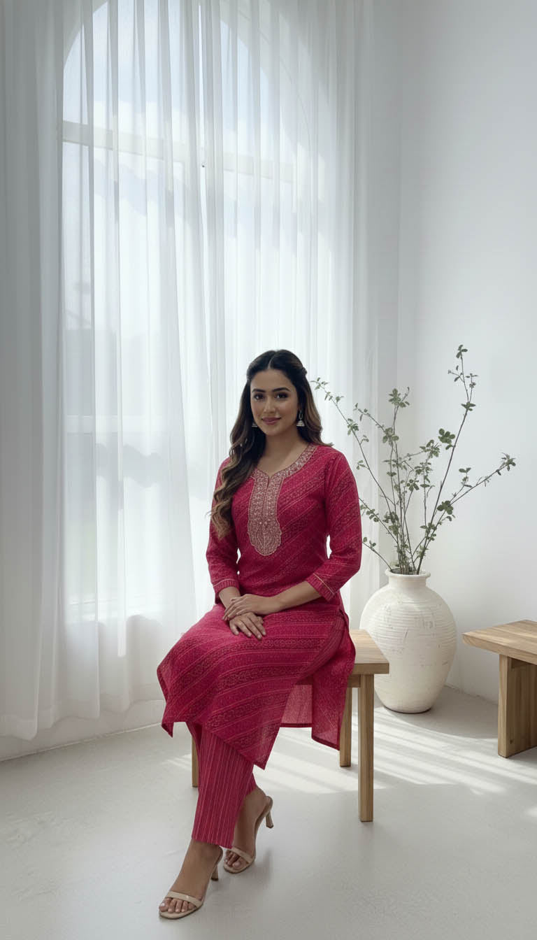 Turquoise Viscose Blend Kurta Set with Sequins Work