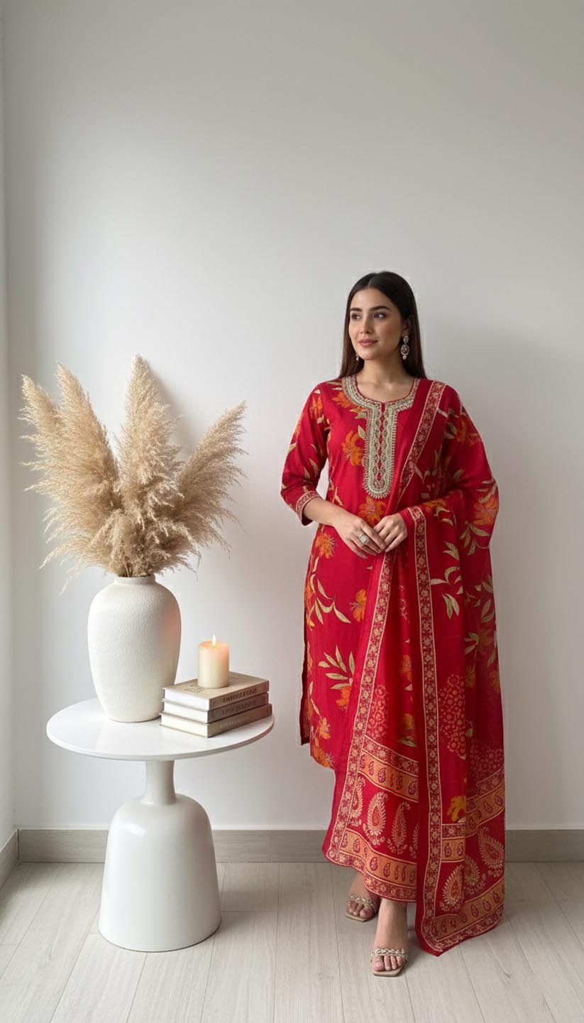 Elegant Floral Embroidered Kurta Set with Dupatta