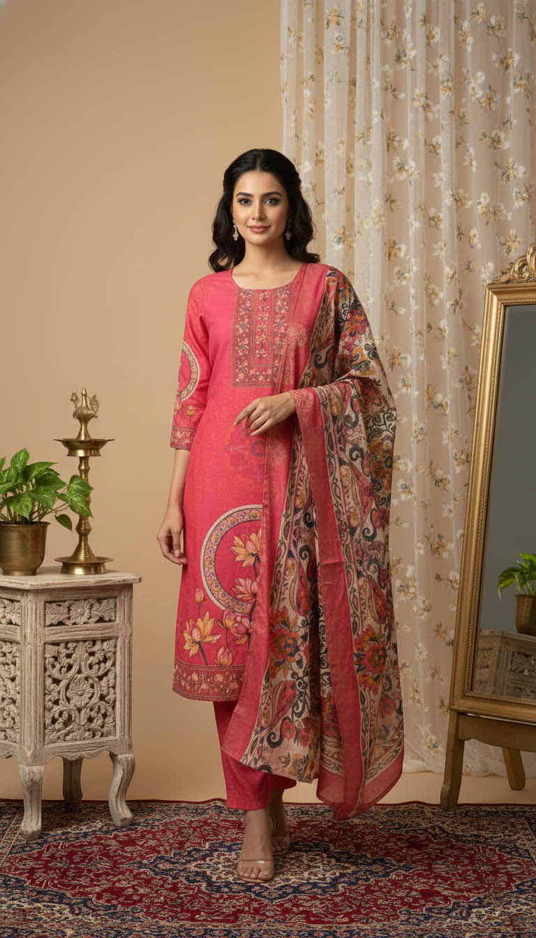 Pink Muslin Kurta Set with Hand Work & Printed Dupatta