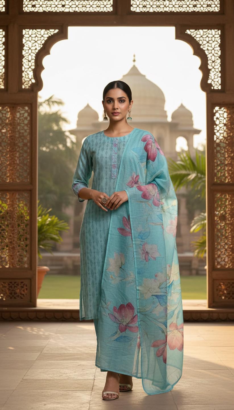 Aqua Embroidered kurta with pant and dupatta